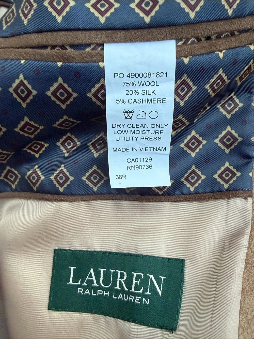 Ralph Lauren Men’s 38R Camel Beige Wool Silk Cashmere Sport Coat Blazer P5